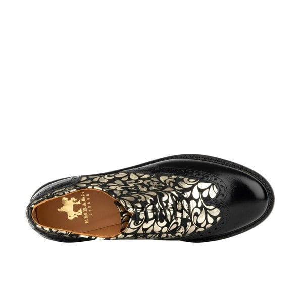 Embassy London Vivienne - Black & Petals - Women's leather oxford shoe with wingtip and brogue details