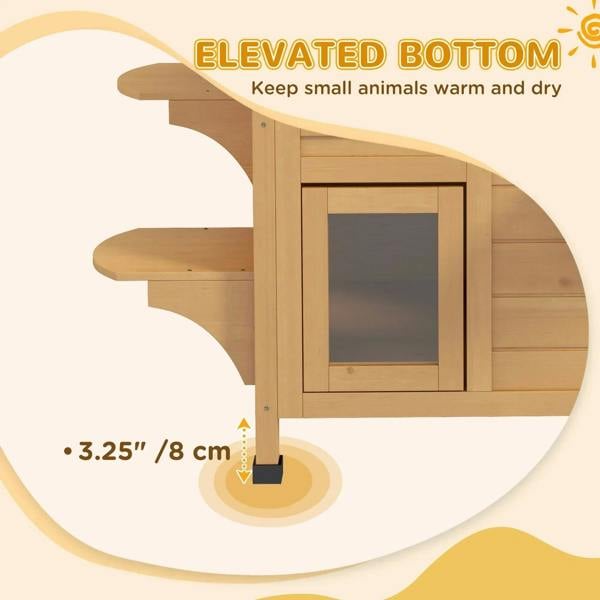Outdoor wooden cat house with raised bottom on legs and a front window opening