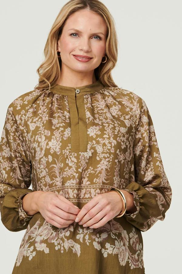 Green | Floral Long Sleeve High Neck Blouse