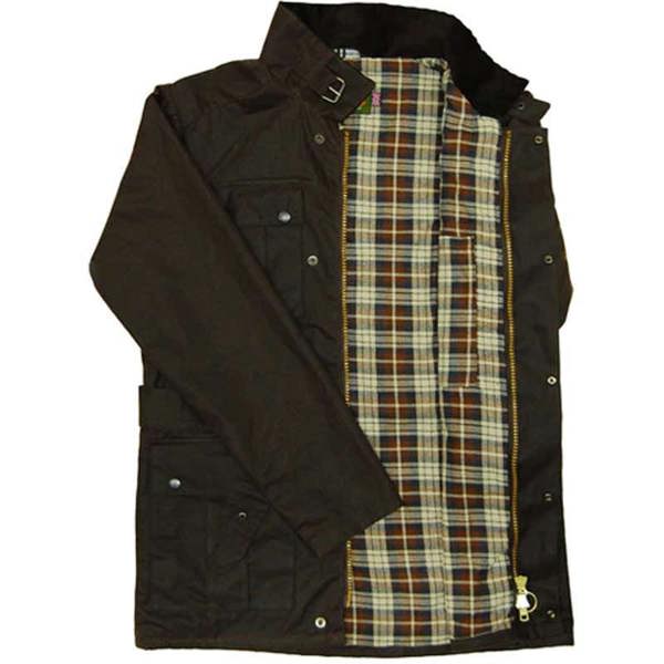 Mens wax jacket in brown with tartan lining