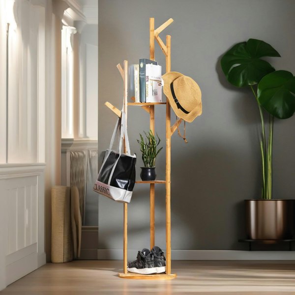 Rafaelo Mobilia Bamboo Coat Stand With 9 Hooks & 2 Shelves