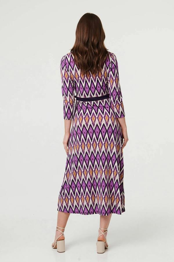 Purple | Geo Print 3/4 Sleeve Wrap Midi Dress