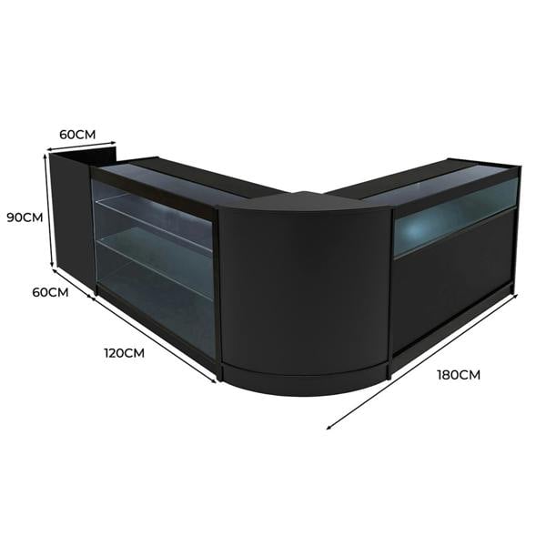 Polaris LED Shop Counter Set in black, featuring sleek glass displays, curved design, and dimensions of 180cm x 120cm x 90cm