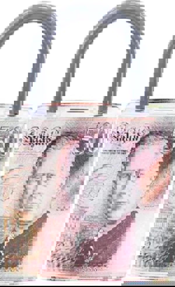 KAV Money Tin Box Padlock Shape 16x8x25cm, Metal Savings Bank with Handle, Coin Slot & Removable Lid, Pound Note Design, Multi-Colour, Assorted Pack 2