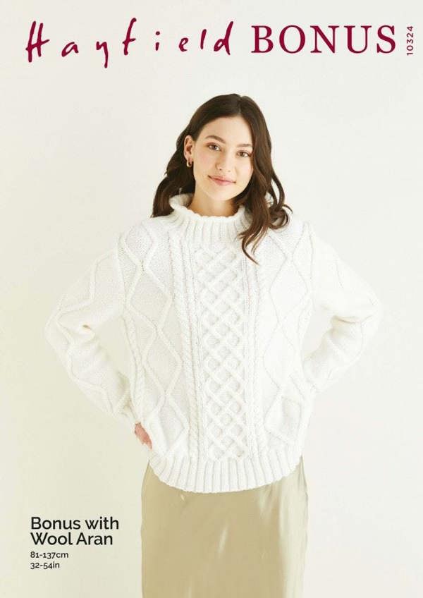 Hayfield Bonus Aran with Wool Knitting Pattern 10324, Sweaters for Women, 32 - 54 Inches