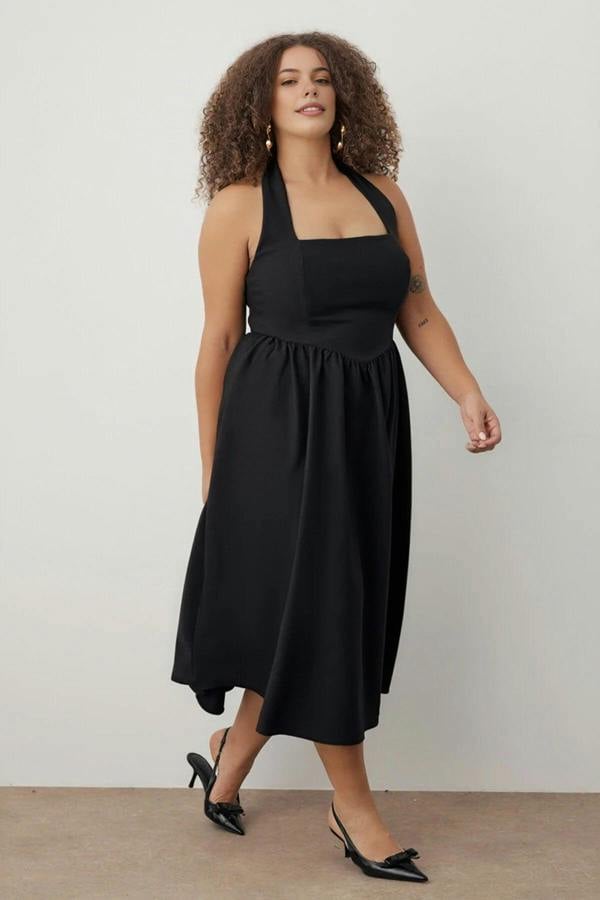 WOVCOR Square Neck Skater Midi Finike Woven Plus Size Dress