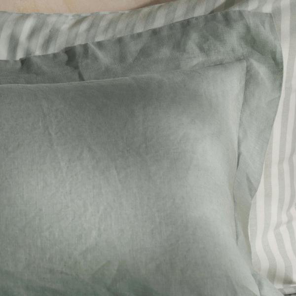 Misty Green French Linen Bedding and Bed Sheets - breathable, close-up detail 2 | Soak and Sleep