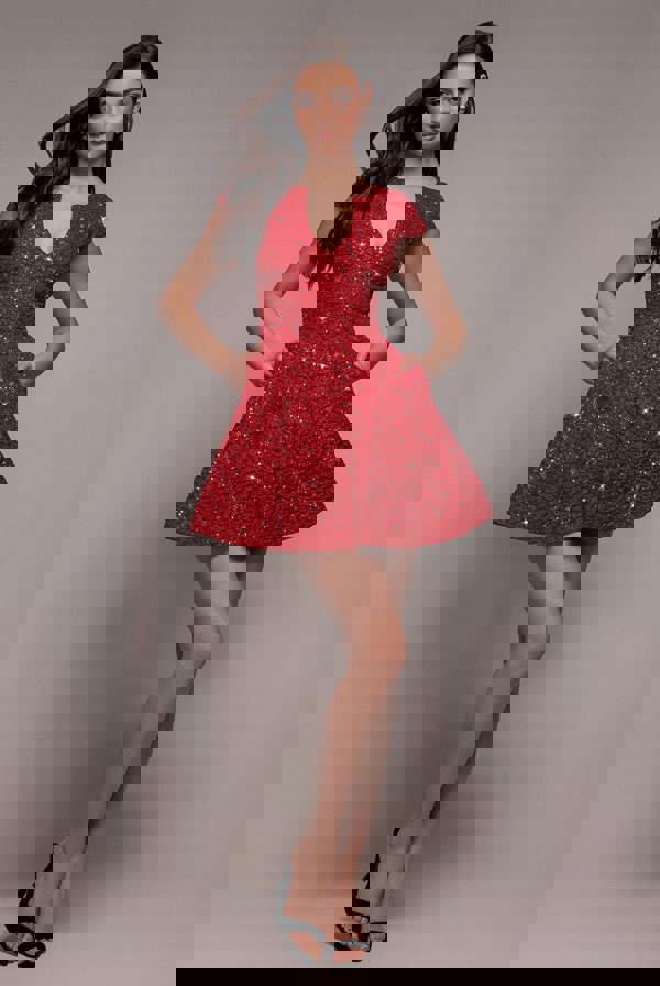 Bead Embellished Jacquard Skater Mini Dress - Red DR4785