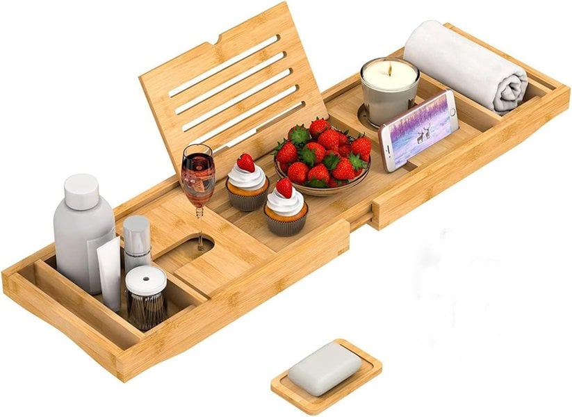 MANTRARAJ Bamboo Bath Tray Extendable Bath Caddy Trays for Bathtub Accessories with Tablet Slots Candle Cup Holder