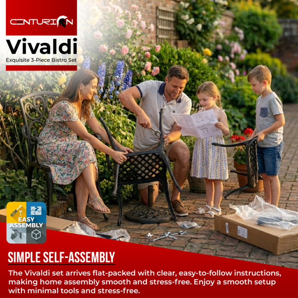 Centurion Supports VIVALDI 3-Piece Aluminium Garden Bistro Set - Round Table with Parasol Hole & 2 Generously Sized Armchairs - Baroque Design (Black)