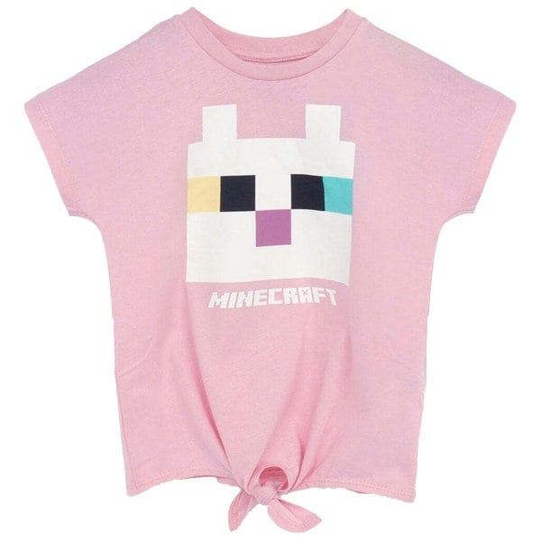 Minecraft Girls Cat Twisted Knot Front T-Shirt - Pink/White