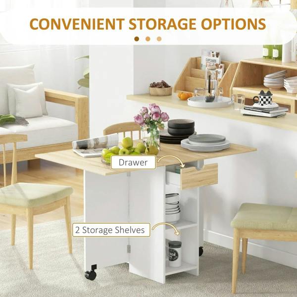 Oak folding dining table with drop leaf, drawer, and two open storage shelves for dining