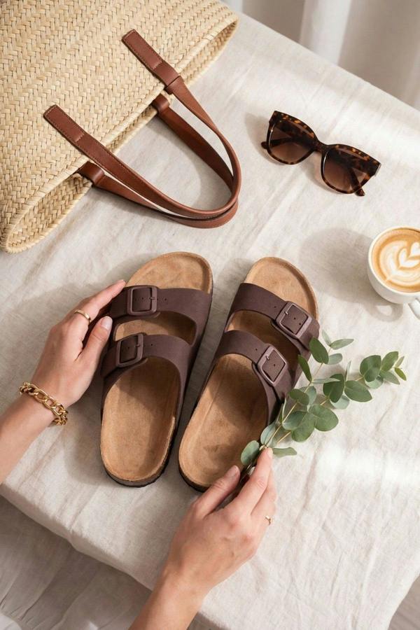 Harper Womens Double Buckle Cork Slide Sandals - LIGHT BROWN
