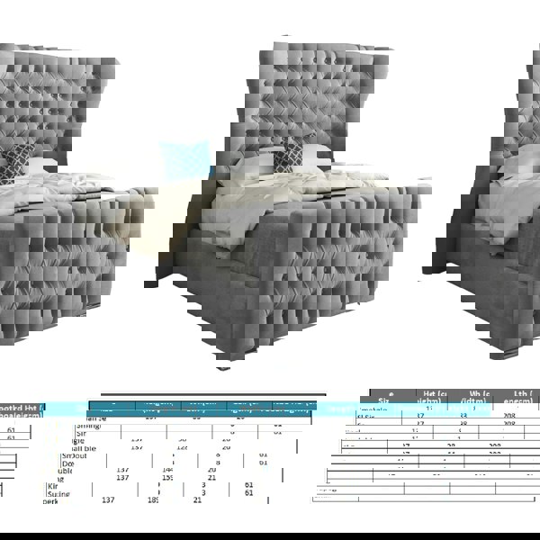 Casa Magna Parma Wide Curved Winged Upholstered Soft Velvet Bed Frame - Grey