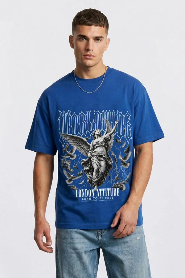 London Attitude Worldwide Angel Oversized Heavyweight Graphic T-Shirt - Deep Royal Blue