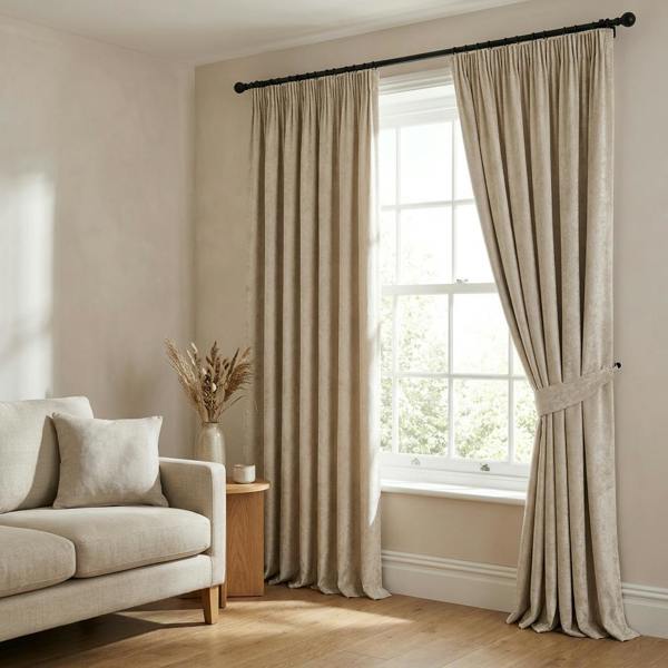 Tuvalu made-to-measure curtains in Pearl, styled in a living room