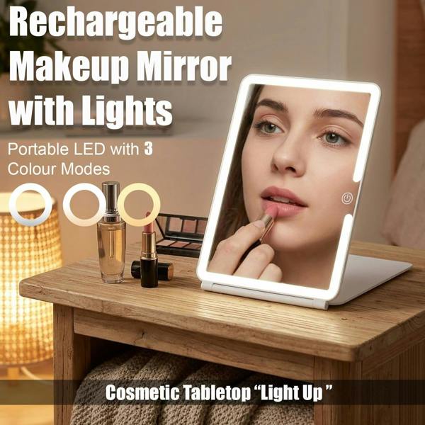 Rechargeable LED Makeup Mirror with Touch Sensor, Dimmable Lights, Adjustable Stand, Clear Reflection and Portable Design for Daily Beauty Routines