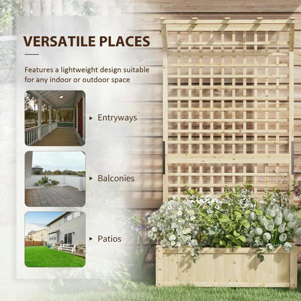 Natural wood raised planter with trellis panel and front planter box, patio placement
