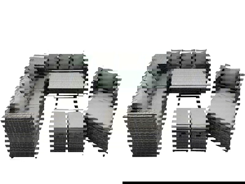 Fimous Outdoor Corner Sofa Chair Dining Table Set Garden Rattan Furniture Set 10 Seater with Side Table 3 Stools Dark Grey