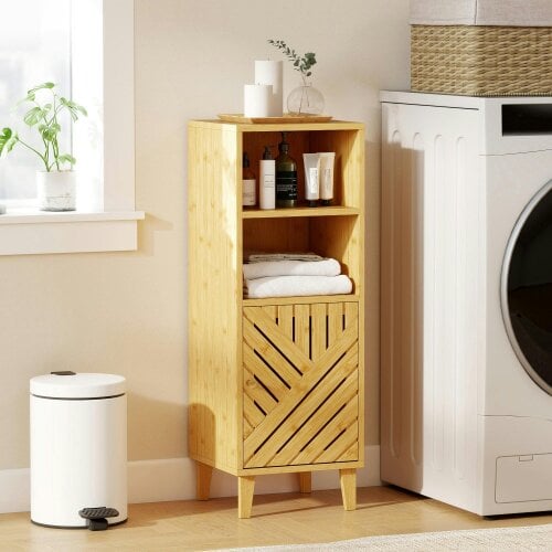 Wyld Haus Mire Slim Freestanding Bathroom Storage Cabinet With Bamboo Door Legs And OFauxn Compartments Natural Wood Finish