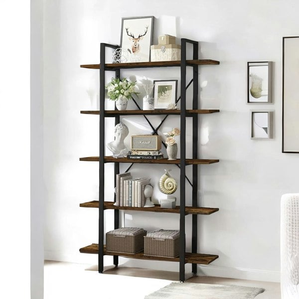 Rafaelo Mobilia Industrial 5 Tier Walnut Brown Bookcase