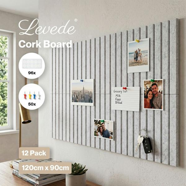 Levede Felt Notice Board 12PCS Wall Tiles Pin Board Self Adhesive Grey 30x30cm