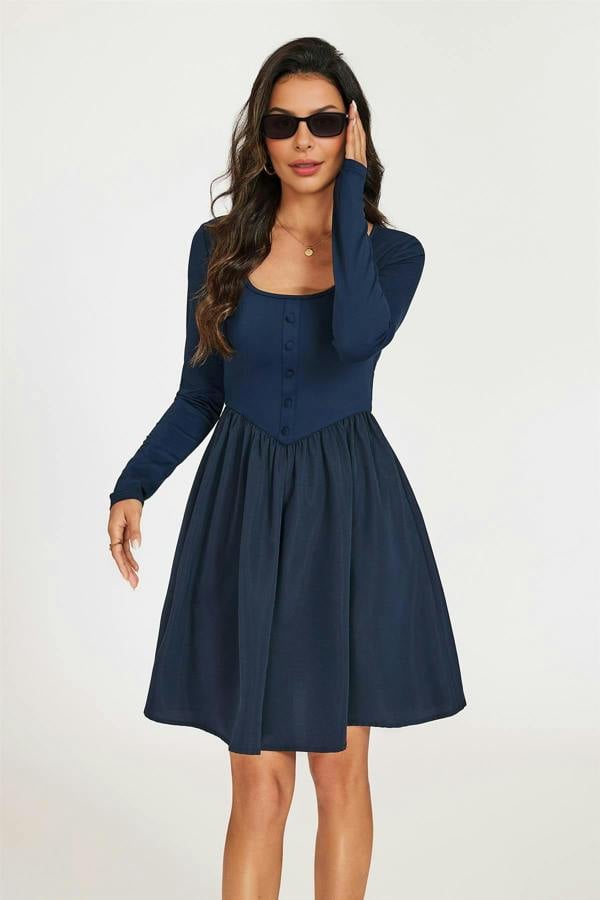 FS Collection Square Neck Button Detail Long Sleeve Mini Dress In Navy