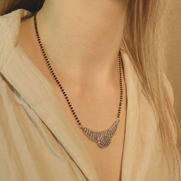 The Colourful Aura Indian Nazaria Silver Zircon Dangle Mangalsutra Black Beads Earring and Pendant Necklace