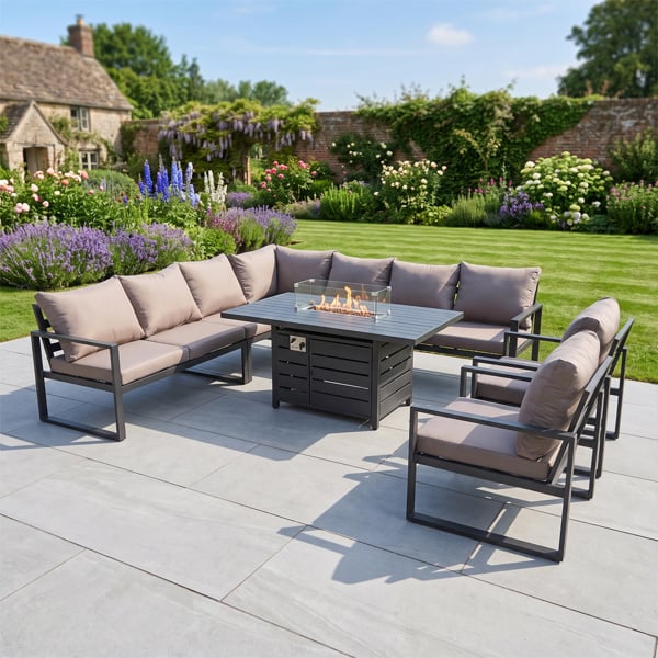 Fimous 8 Seater Aluminium Garden Furniture Set with Corner Sofa, Gas Fire Pit Dining Table & 2 Chairs - Dark Grey