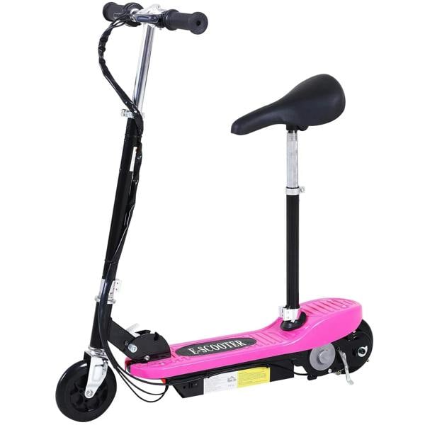 Pink foldable electric kids scooter with black handlebars, seat, and front wheel