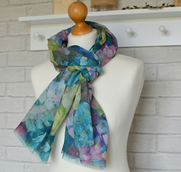 Antonia York Abstract Floral Scarf | Clara Brush Stroke Watercolour Blue Green Turquoise Wrap