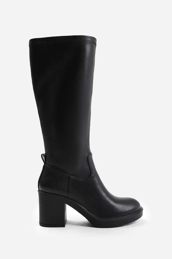 Where's That From Beta Knee High Boot With Side Zip in Black Stretch Faux Leather