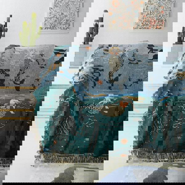 Anyhouz Anycozy Throw Blanket Blue Faux Cashmere Sofa Cover Mermaid Pattern Tassel Soft Picnic Camping Mat 180*230cm