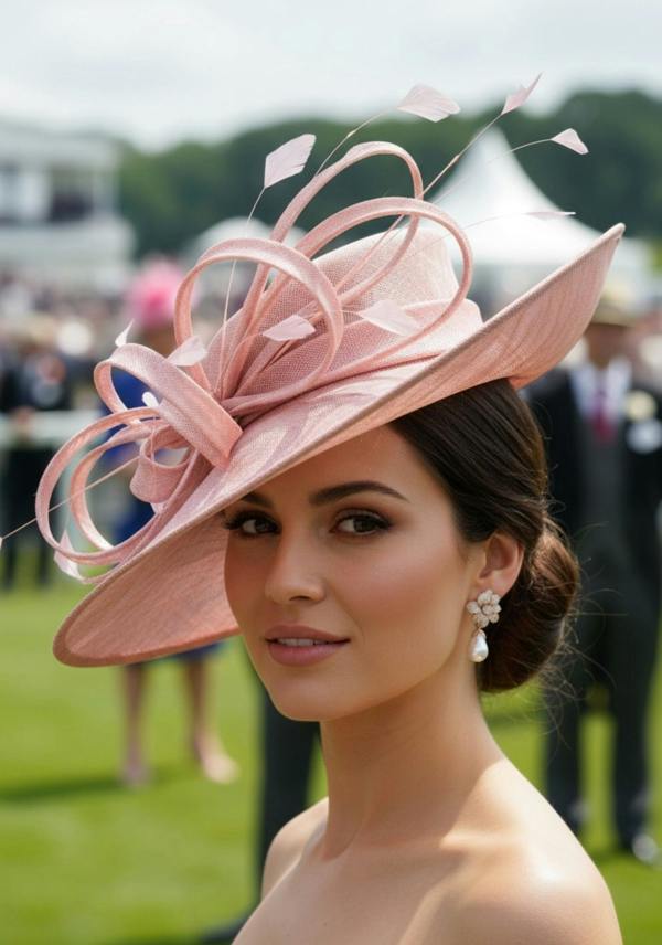 Woman wearing a large pink hat with decorative elements at an outdoor event.