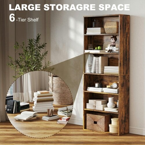 Wyld Haus Loama Wooden Rustic Brown 6 Tier Storage Bookcase