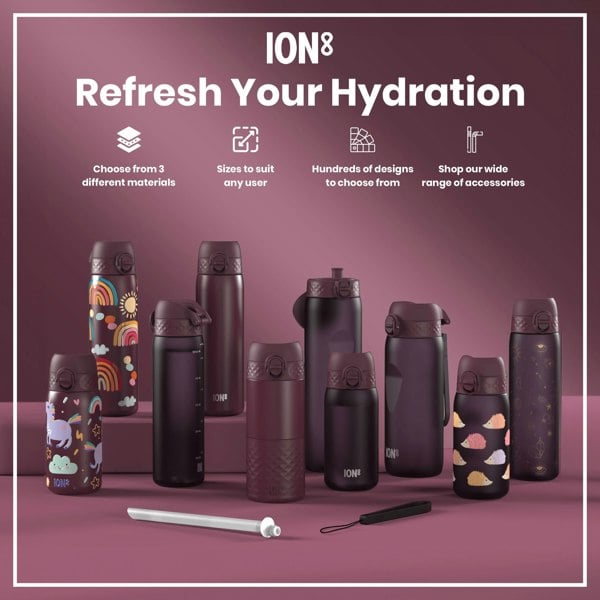 Several ION8 water bottles, varying in size and design, are displayed on a mauve surface. Choose from 3 different materials. Sizes to suit any user. Hundreds of designs to choose from. Shop our wide range of accessories.
