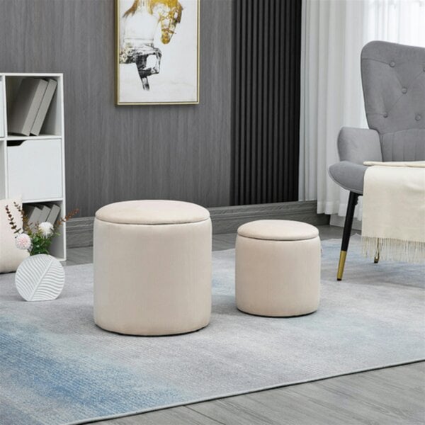 Dyzi Set of 2 Corduroy Storage Ottomans Removable Lids Cream White