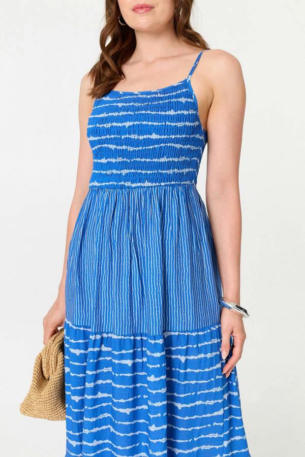 Blue | Striped Cami Strap Shirred Maxi Dress