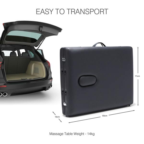 The Rio Professional Ultra-Light Portable Massage Table is shown by an open car trunk. Measuring 93 cm wide, 71 cm tall, and 19 cm deep, it weighs only 14 kg. Text reads EASY TO TRANSPORT and highlights its convenient carry handle.