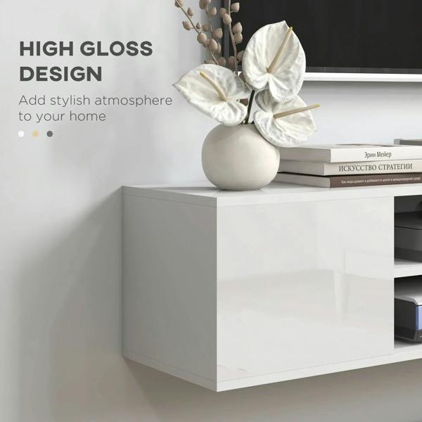 High-gloss white floating cabinet with smooth doors and open media shelf