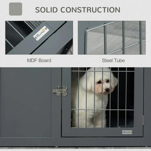 Grey dog crate with wire front and solid MDF panels and steel tube frame, latch detail