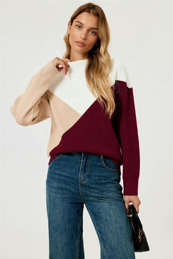 FS Collection Colour Block Jumper Top In Camel & Wine & White