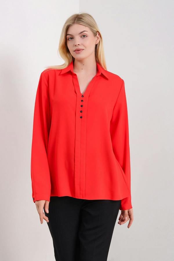 Hoxton Gal Oversized Long Sleeves Blouse Shirt with Button Details in Red