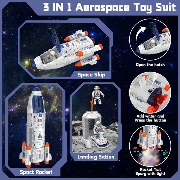 deAO Toys Rocket Ship Toys for Kids Space Shuttle Playset with Astronaut Figures Realistic Features for Imaginative Play and Learning