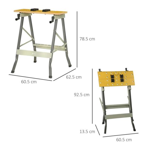 Folding clamp work bench table with yellow top and gray folding frame, shown with measurements