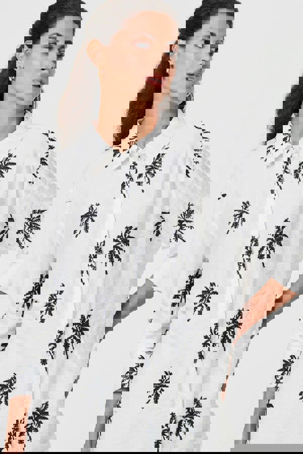 White | Tropical Print Relaxed Long Sleeve Shirt
