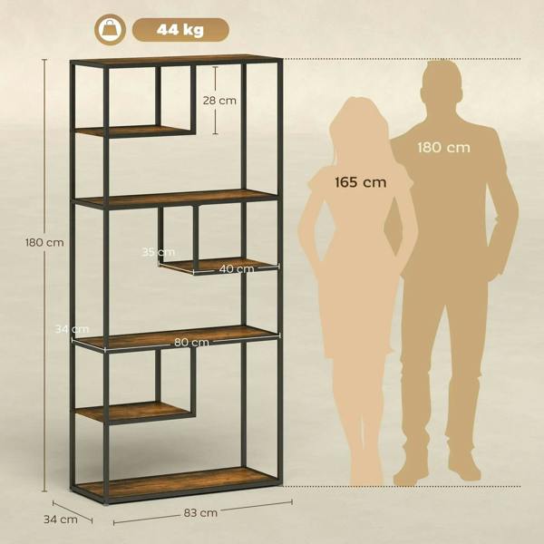 Industrial storage bookcase shelf with black metal frame and rustic brown shelves