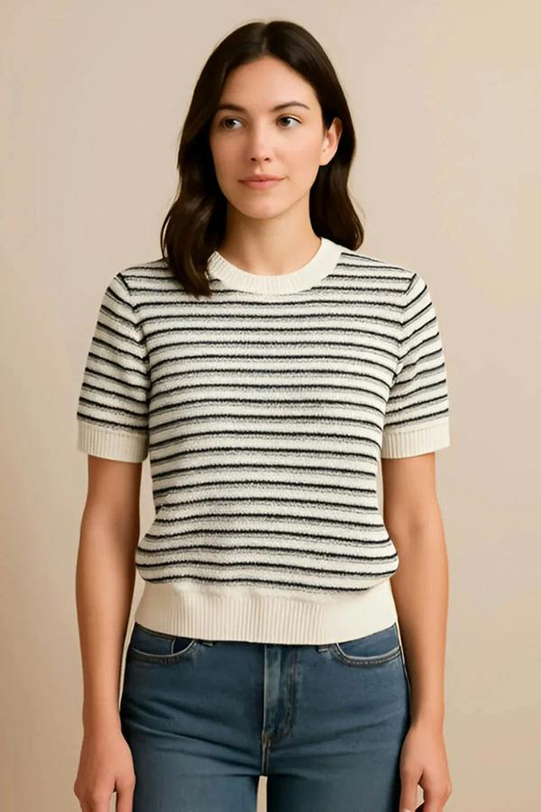 Hoxton Gal Stripe Ecru Short-Sleeve Knit Top with Crew Neck and Stripe Details