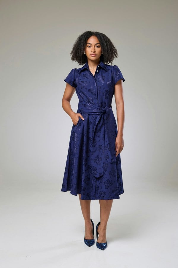 Isha's Timeless collection Royal Blue Petals Short Sleeve Shirt Dress