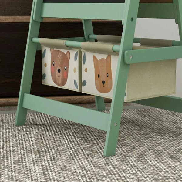 Green art easel with front storage bins featuring animal face prints